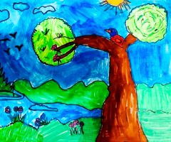 A colourful drawing of a bird sitting in a tree